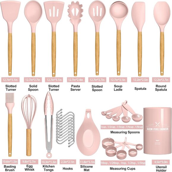 33 pcs Non-Stick Silicone Cooking Kitchen Utensils Spatula Pink Set with Holder - Picture 5 of 9